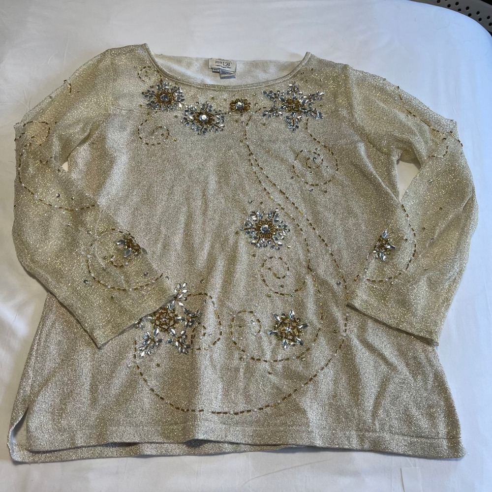 Just B XL Gold Metallic Beaded Snowflake Knit Top Long Sleeve Holiday Glam